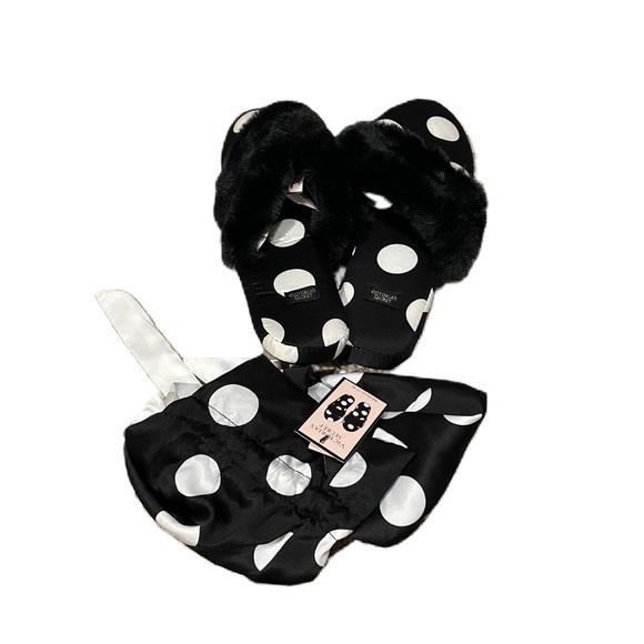 NWT Victoria’s Secret Polka Dot Satin and Faux Fur Slippers Size Medium (7-8) - Picture 6 of 7